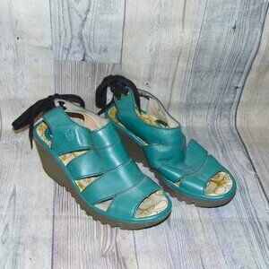 FLY LONDON Green Leather Wedge Sandals Womens Size EU 38